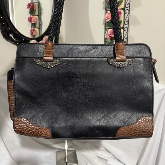 Bueno Handbags - Mixed Media Black Brown Faux Leather Tote Shoulder Purse Document Bag Embossed